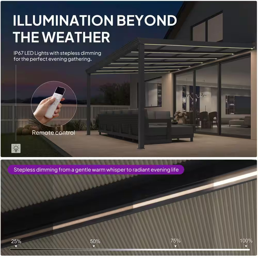12 Ft. X 14 Ft. Gray Wall-Mounted Outdoor Pergola Aluminum Lean to Gazebo with PC Roof and IP67 LED Light