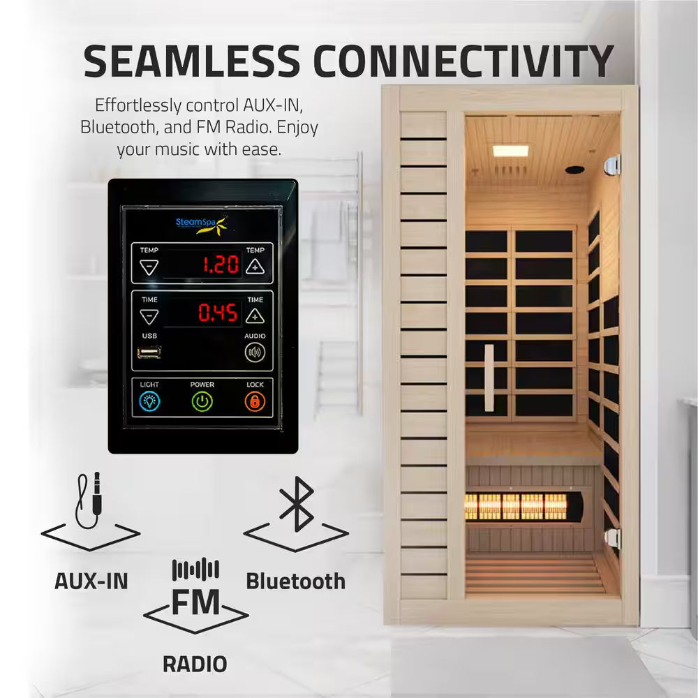 Home Sauna Room 1-Person Indoor Hemlock Wooden Infrared Sauna Spa with Bluetooth Digital Control Panel