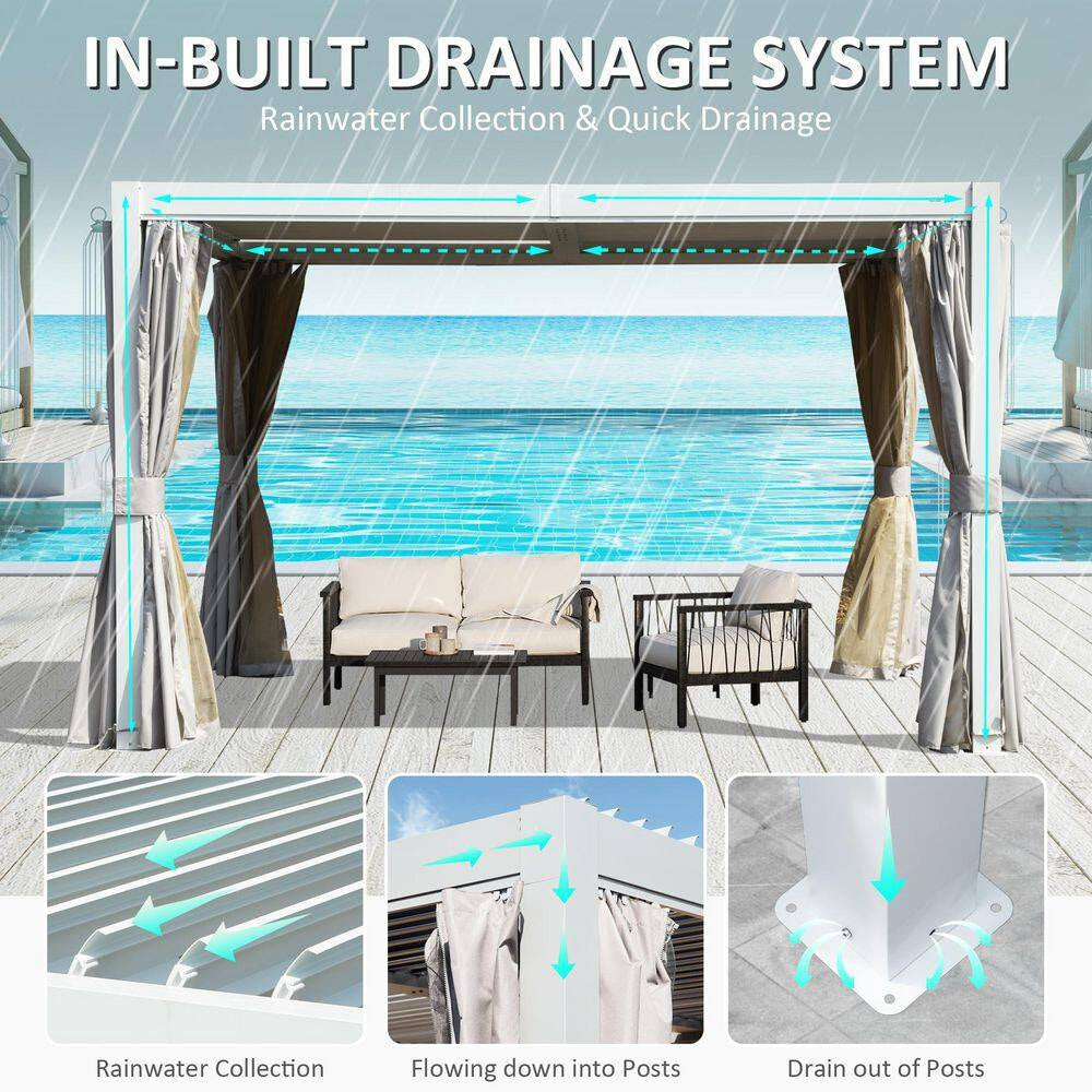 12 Ft. X 10 Ft. Aluminum Pergola with Louvered Roof and Drainage System, White