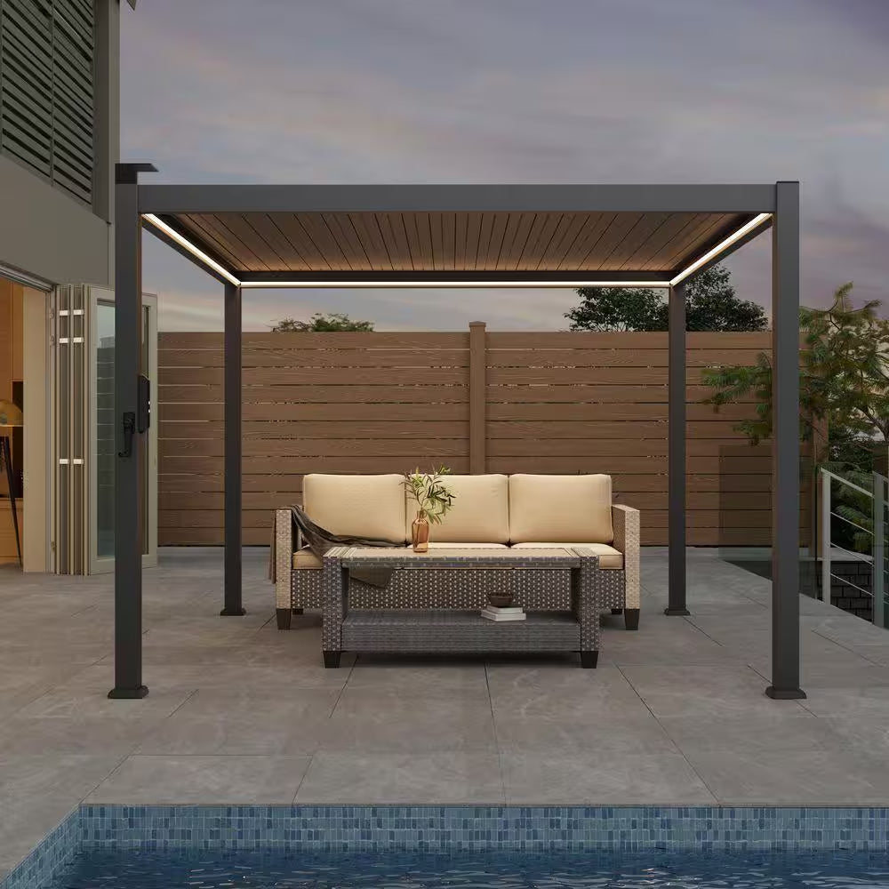 10 Ft. X 10 Ft. Charcoal Gray LED Lighted Powder-Coated Louvered Aluminum Steel Pergola with Adjustable Roof