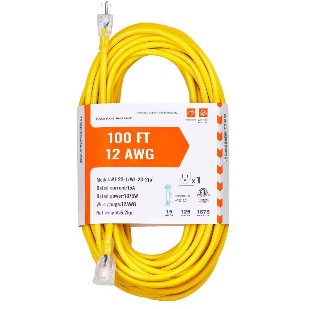 100 Ft. Heavy Duty Extension Cord 12AWG 15 Amp 125-Volts 1875W Generator Extension Cord with Lighted End Flexible