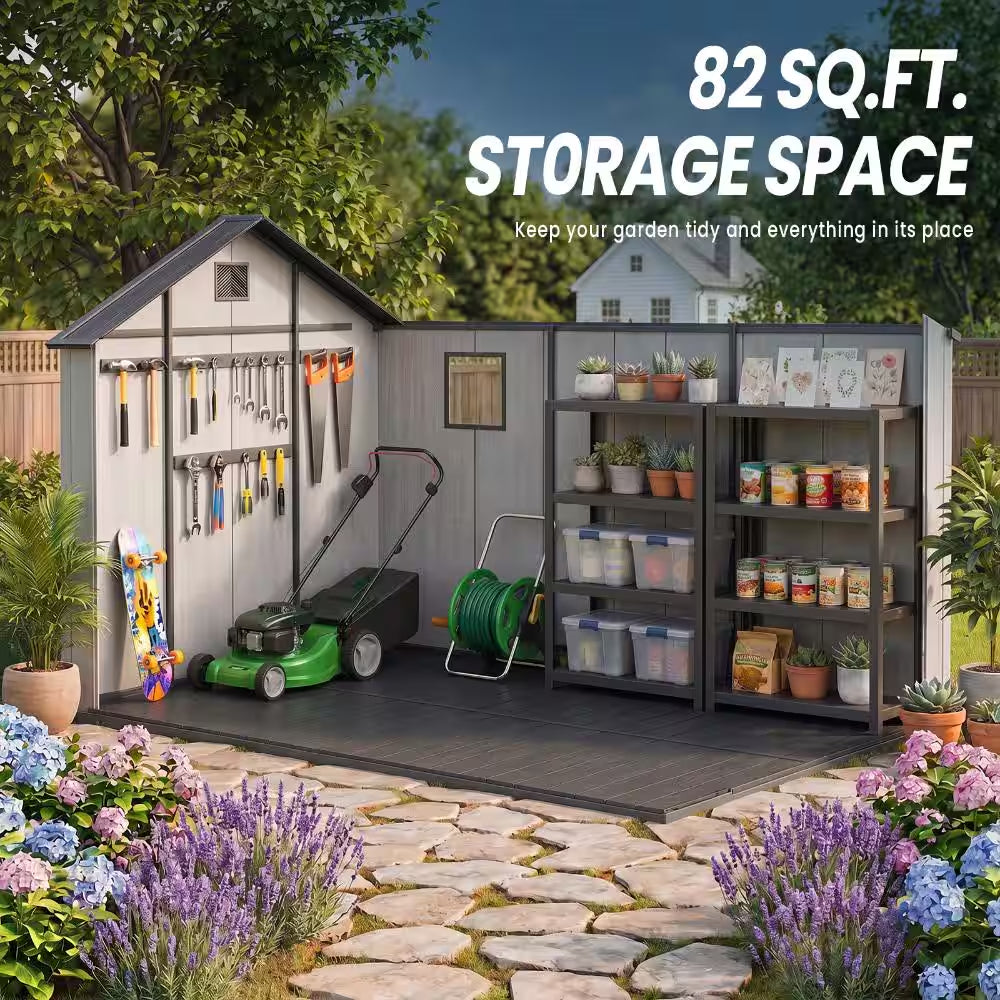 8 Ft. W X 12 Ft. D Resin Storage Shed with Double Doors, Window and Gable Vent 96 Sq. Ft.