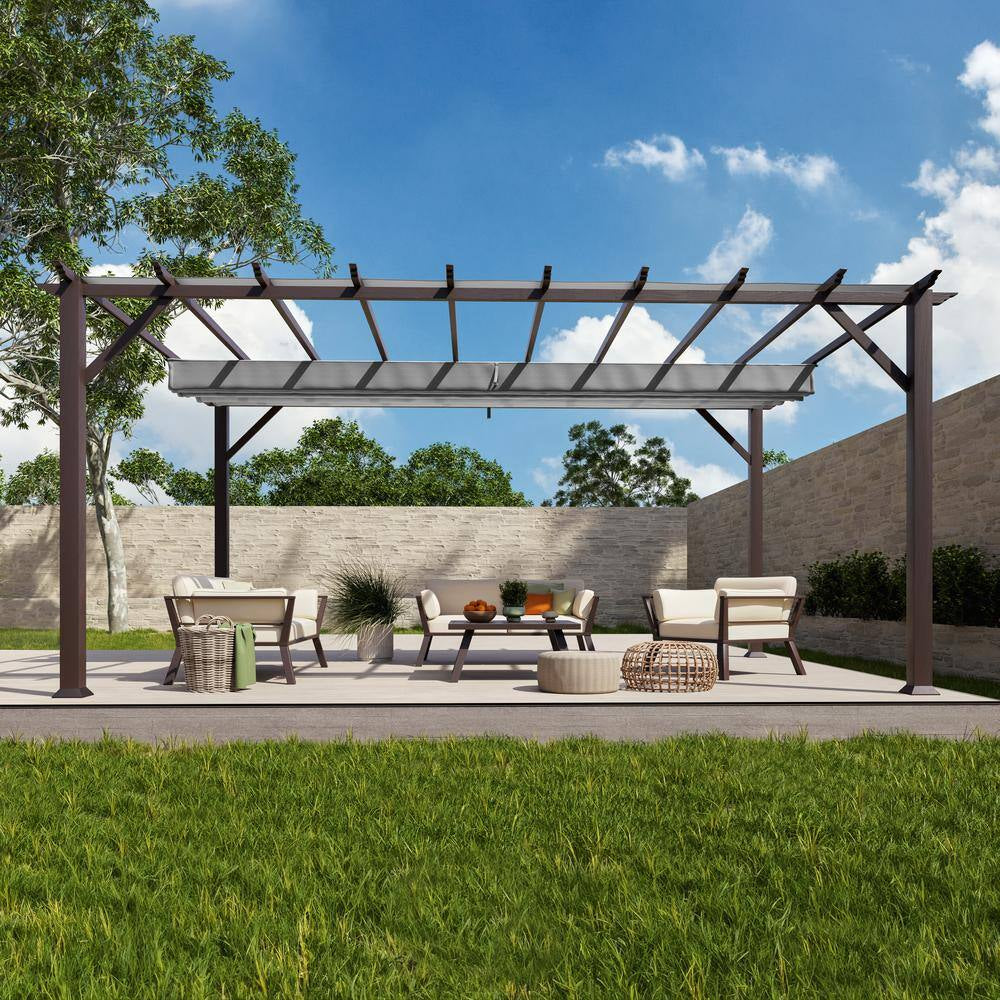 Florence 11 Ft. X 16 Ft. Aluminum Frame Pergola with Chilean Ipe Wood Structure and a Gray Canopy