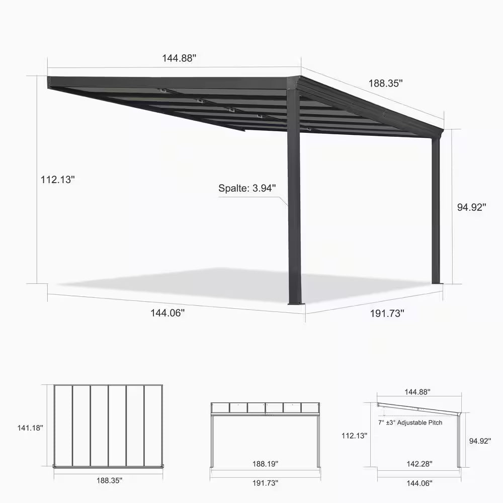 12 Ft. X 14 Ft. Gray Wall-Mounted Outdoor Pergola Aluminum Lean to Gazebo with PC Roof and Retractable Canopy