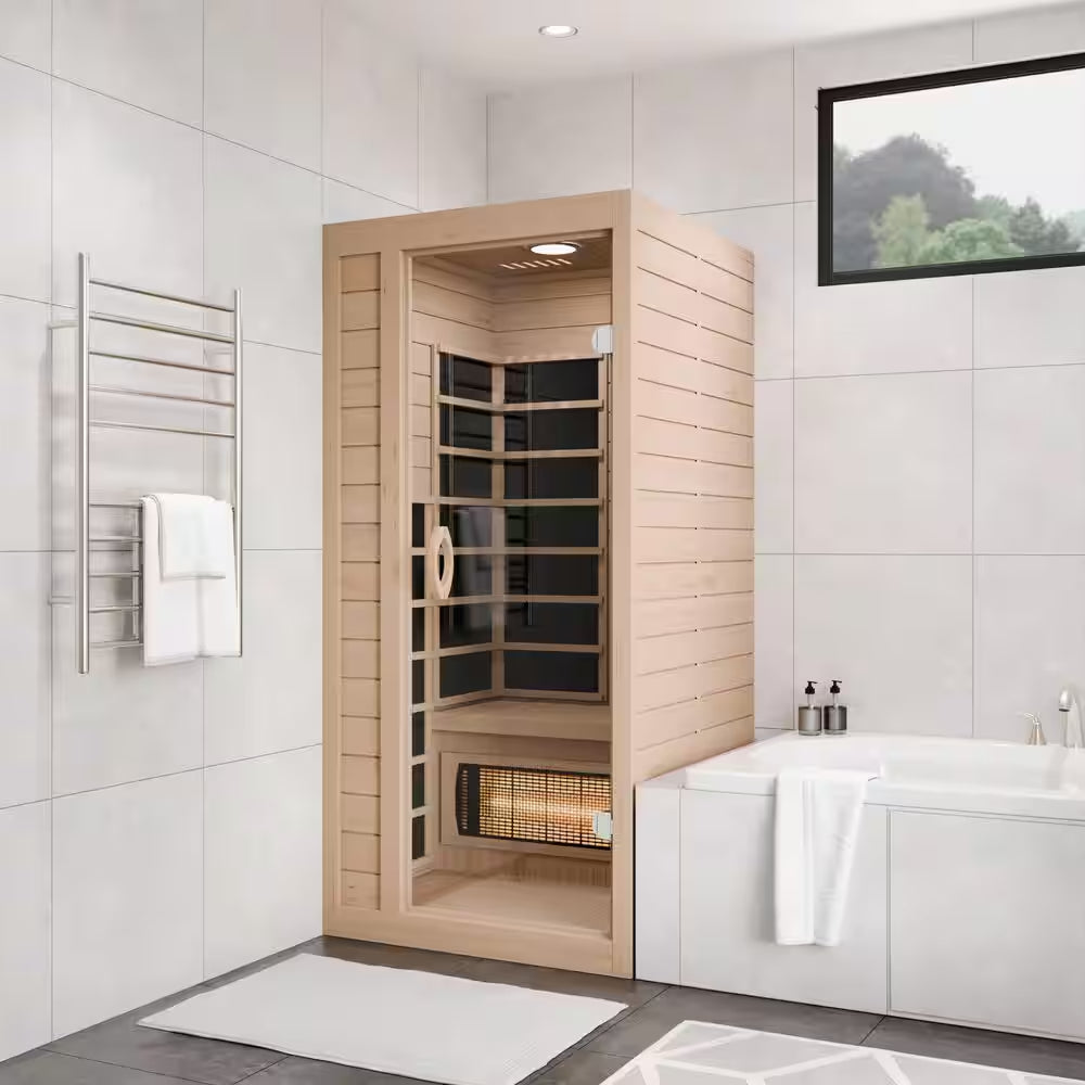Home Sauna Room 1-Person Indoor Hemlock Wooden Infrared Sauna Spa with Bluetooth Digital Control Panel