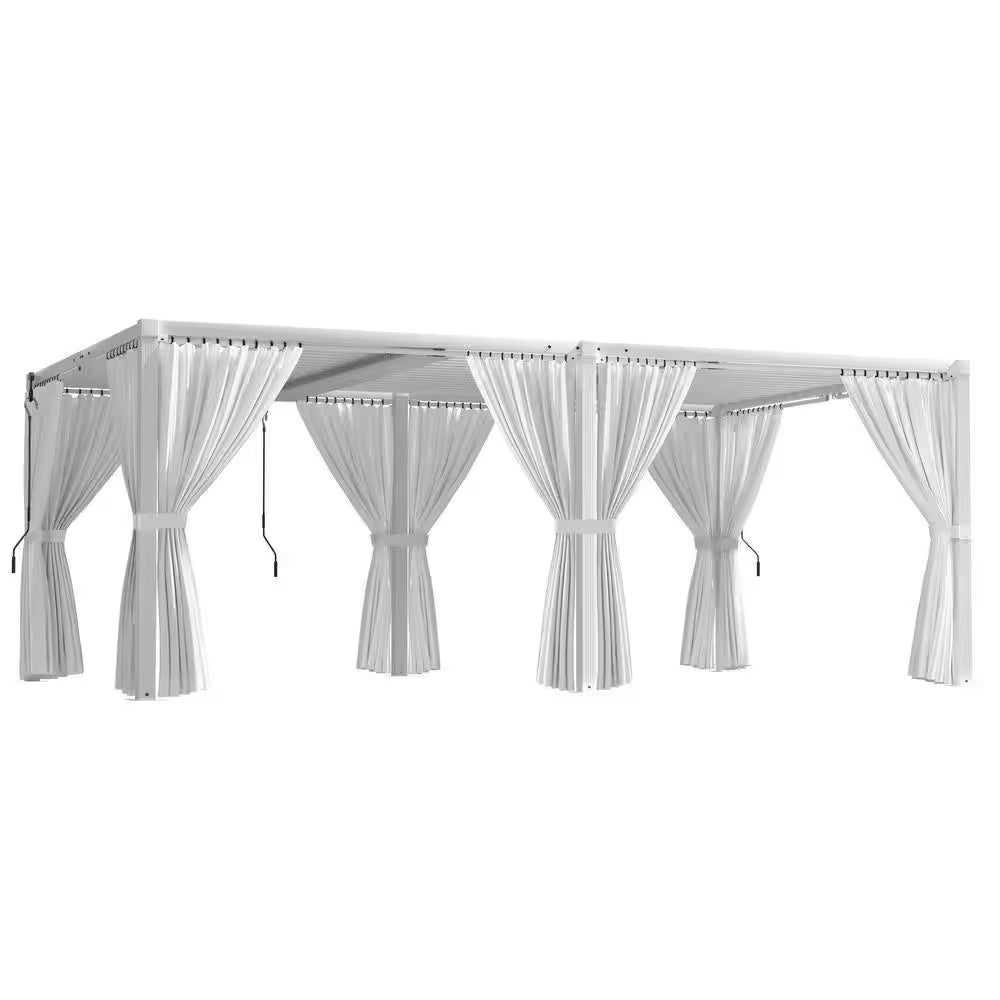 12 Ft. X 20 Ft. White Aluminum Louvered Pergola with Steel Roof and Curtains