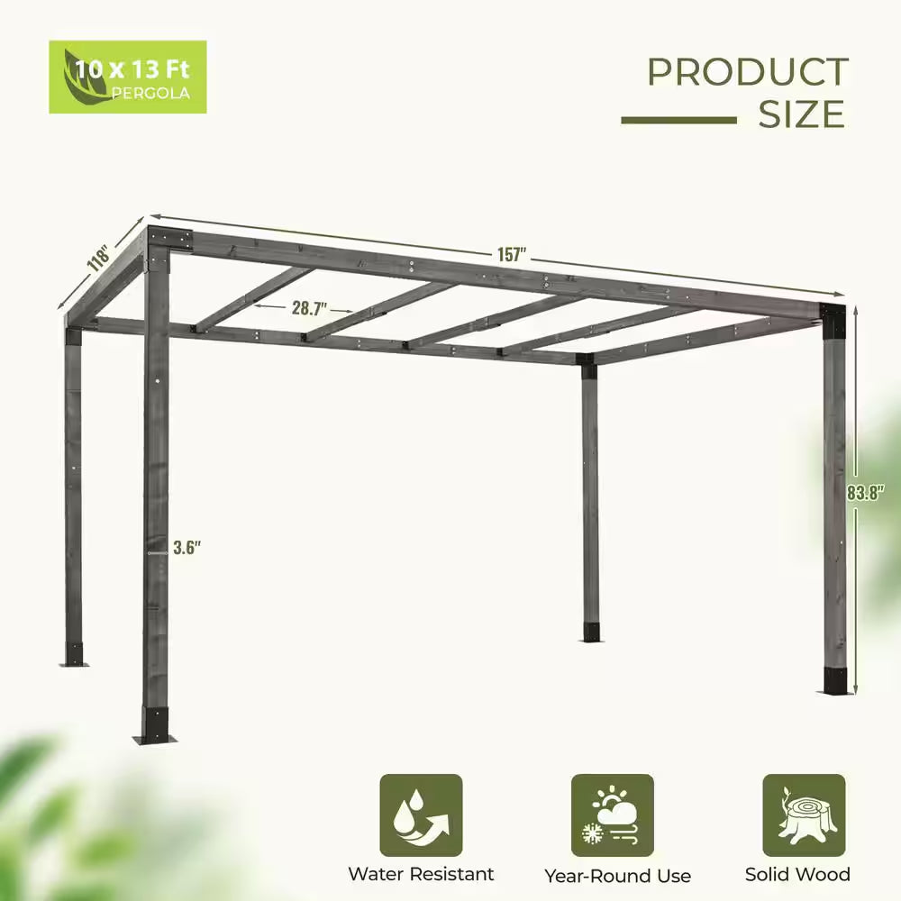 10 Ft. X 13 Ft. Outdoor Wood Pergola with Wood Stand Kit and Gray Frame
