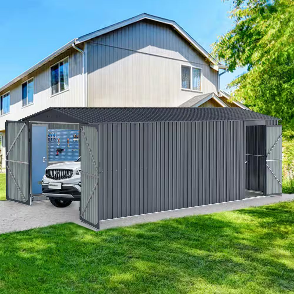 20 Ft.W X 10 Ft.D Outdoor Metal Storage Shed, Utility Tool House with 2 Doors, 4 Vents for Car,Truck, Gray (235 Sq. Ft.)