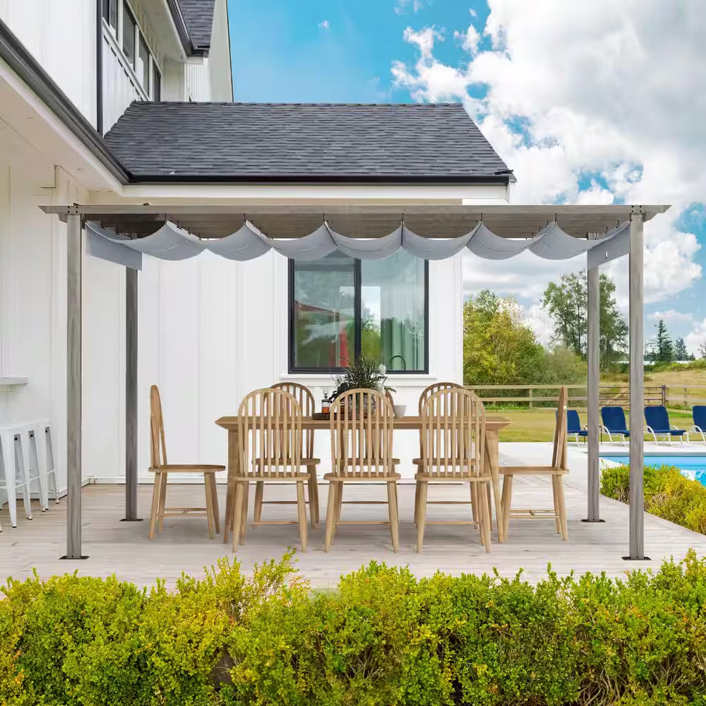 10 Ft. X 13 Ft. Wood Grain Aluminum Outdoor Pergola with Gray Retractable Shade Canopy