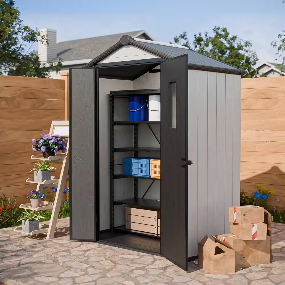 8 X 8 Ft. Gray Plastic Storage Shed Outdoor Resin Storage Cabinet Room with Lockable Door Air Vent Gable Roof for Patio