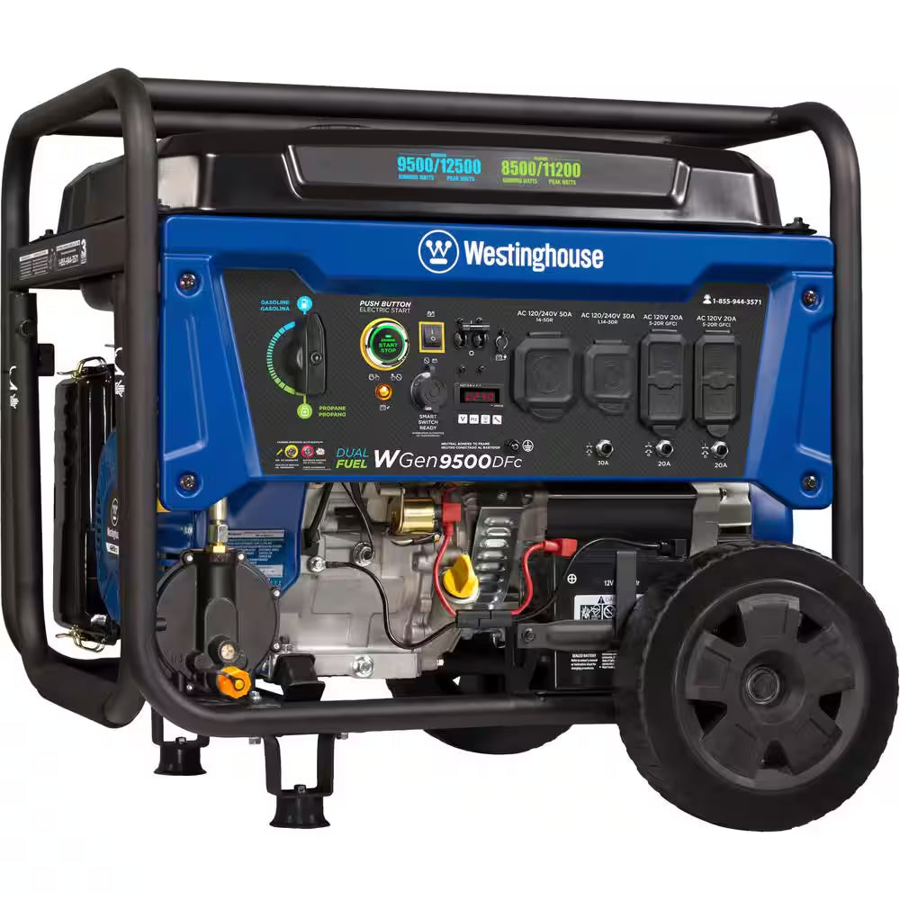12,500/9,500-Watt Remote Electric Start Dual Fuel Gas and Propane Powered Portable Generator W/ 50 Amp Outlet, CO Sensor