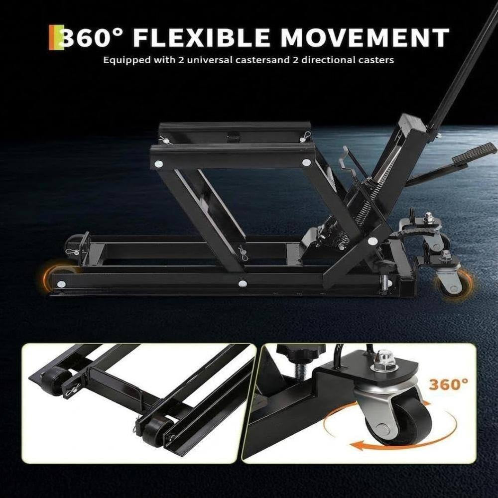 1500 Lbs Hydraulic Motorcycle Scissor Lift Jack, Heavy Duty Adjustable Lift Table with Foot Pedal & Wheels， Black
