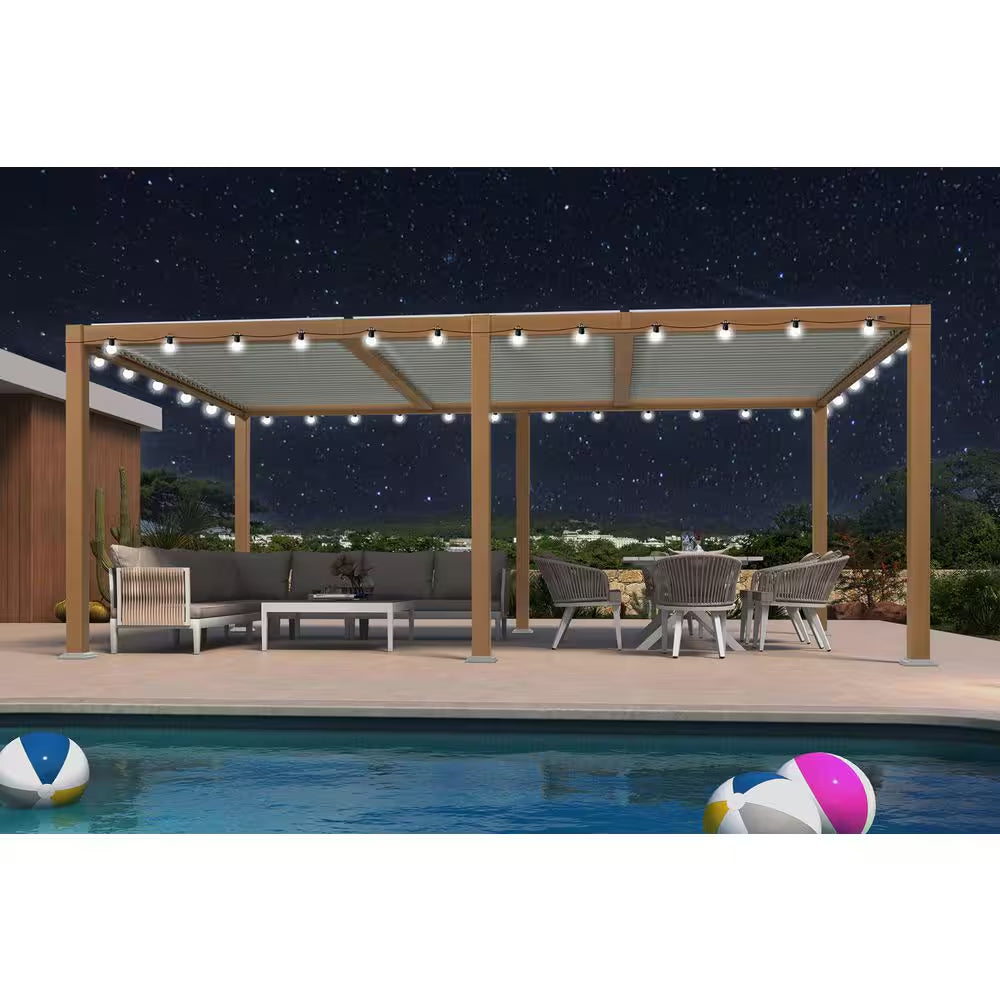 11.7 Ft. X 18.2 Ft. Wood Grain Aluminum Outdoor Louvered Pergola with Adjustable Roofs and String Lights