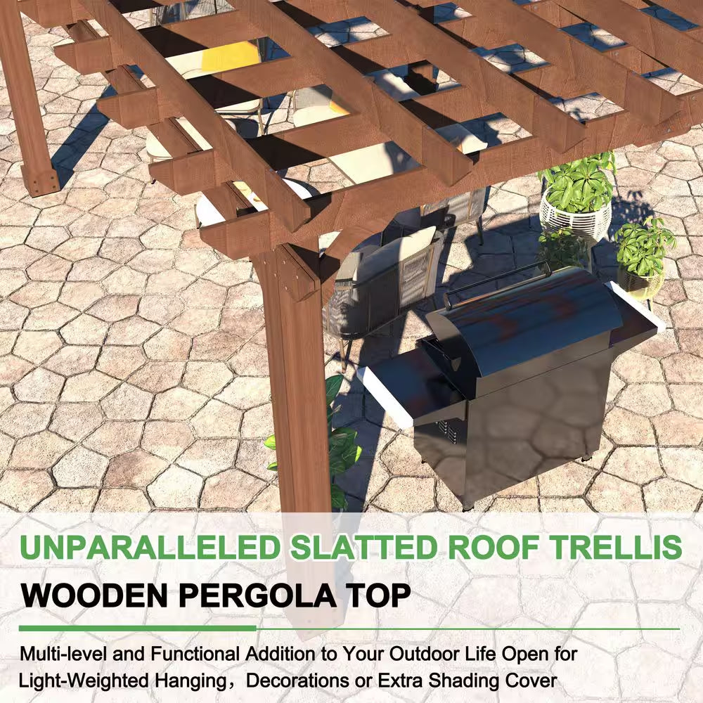 14 Ft. W X 10 Ft. D Brown Cedar Wood Patio Pergola Shade Structure for Outdoor
