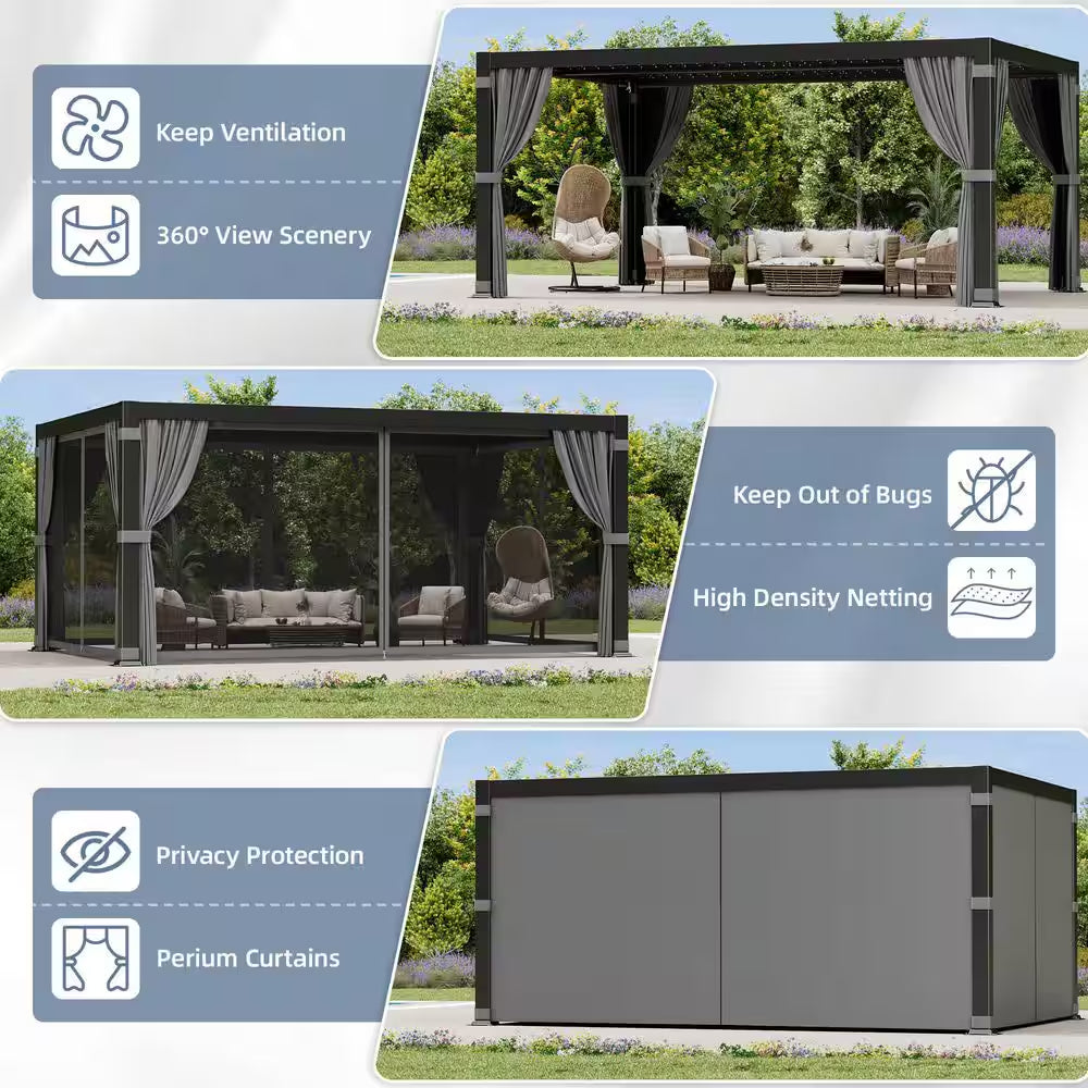 12 Ft. X 16 Ft. Black Aluminum Outdoor Louvered Pergola with Nettings and Curtains