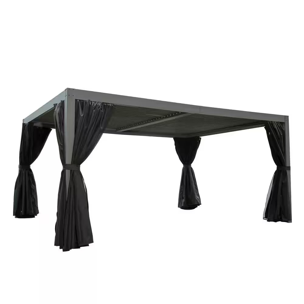 12 Ft. X 16 Ft. Dark Gray Outdoor Aluminum Rainproof Pergola with Curtains and Netting