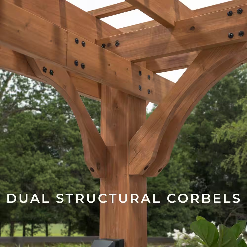 Beaumont 16 Ft. X 12 Ft. Light Brown Traditional Outdoor All Cedar Wood Patio Pergola Shade Structure with Electric