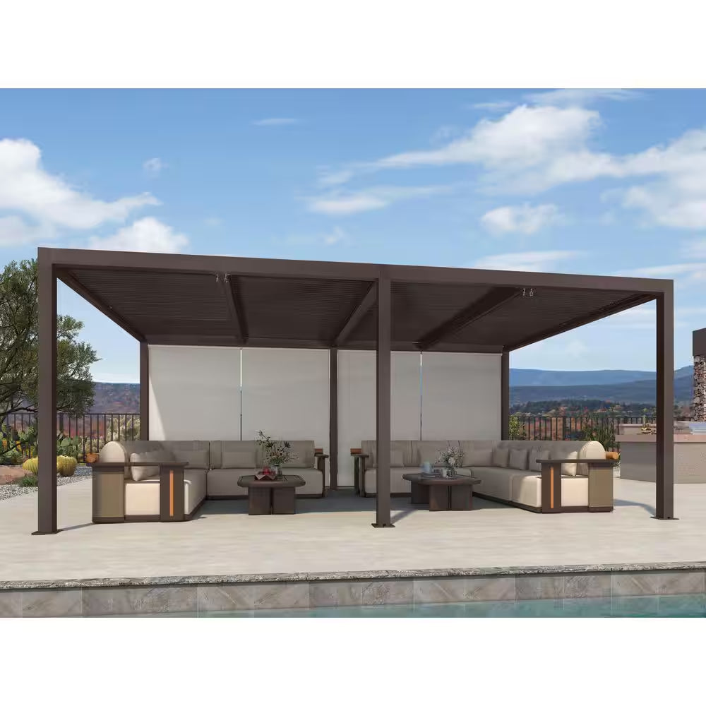 12 Ft. X 20 Ft. Bronze Aluminum Frame Louvered Pergola with Adjustable Roofs and 1-Long Side Bronze Roller Shades
