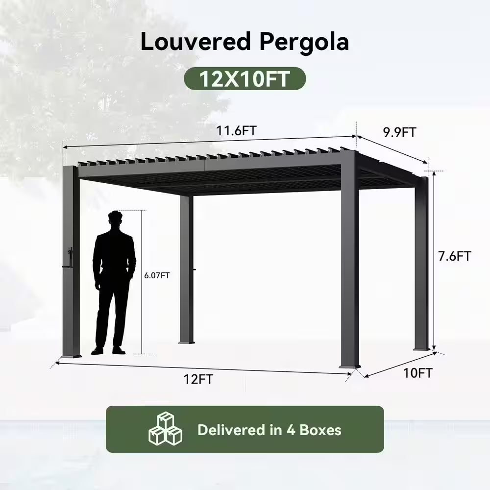 10 Ft. X 12 Ft. Black Metal Pergola with Adjustable Louvered Roof