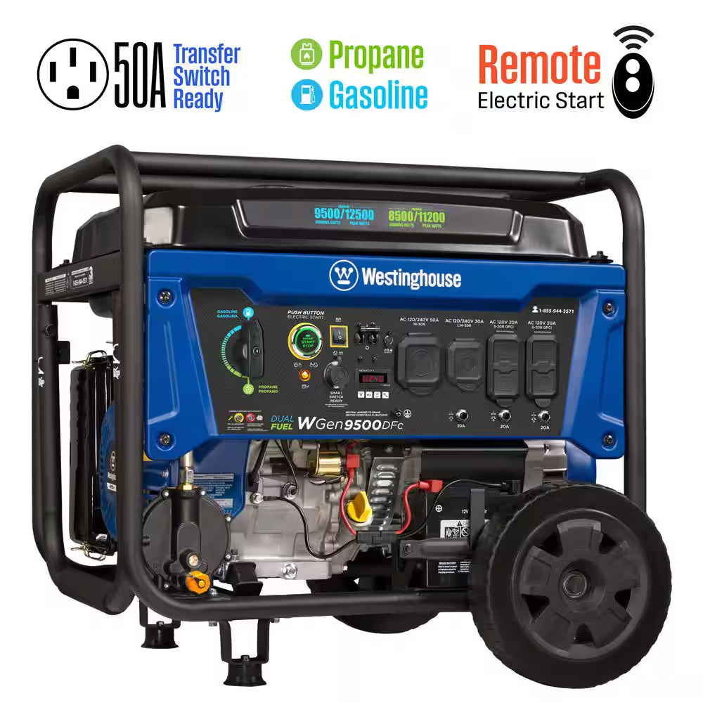 12,500/9,500-Watt Remote Electric Start Dual Fuel Gas and Propane Powered Portable Generator W/ 50 Amp Outlet, CO Sensor
