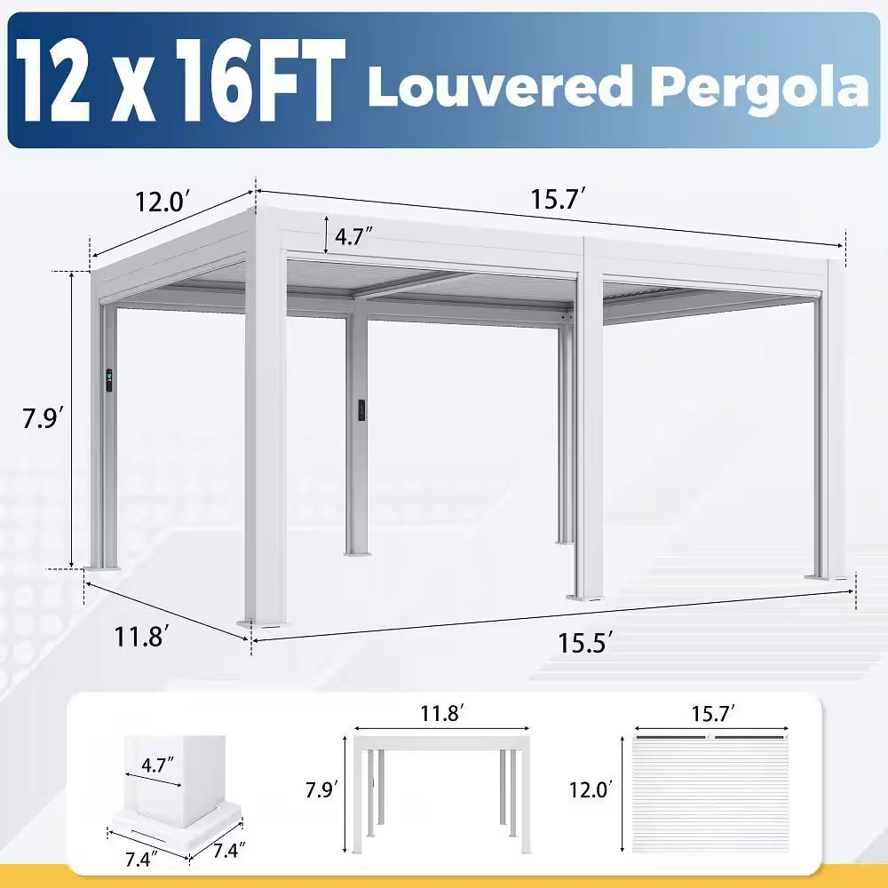 12 Ft. X 16 Ft. White Outdoor Pergola with LED Lights, Aluminum Gazebo with Motorized Louvers and Side Screens