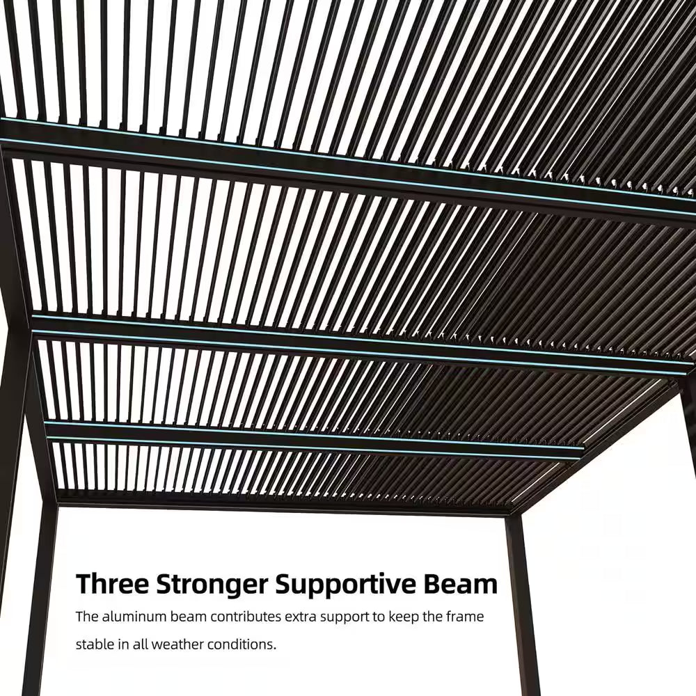 12 Ft. X 20 Ft. Bronze Aluminum Frame Louvered Pergola with Adjustable Roofs and 1-Long Side Bronze Roller Shades