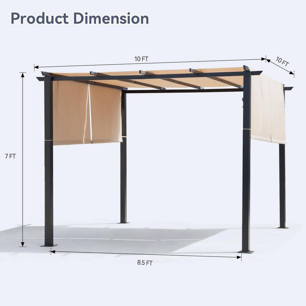 10 Ft. X 10 Ft. Flat Beige Top Outdoor Pergola Canopy with Adjustable and Retractable Canopy