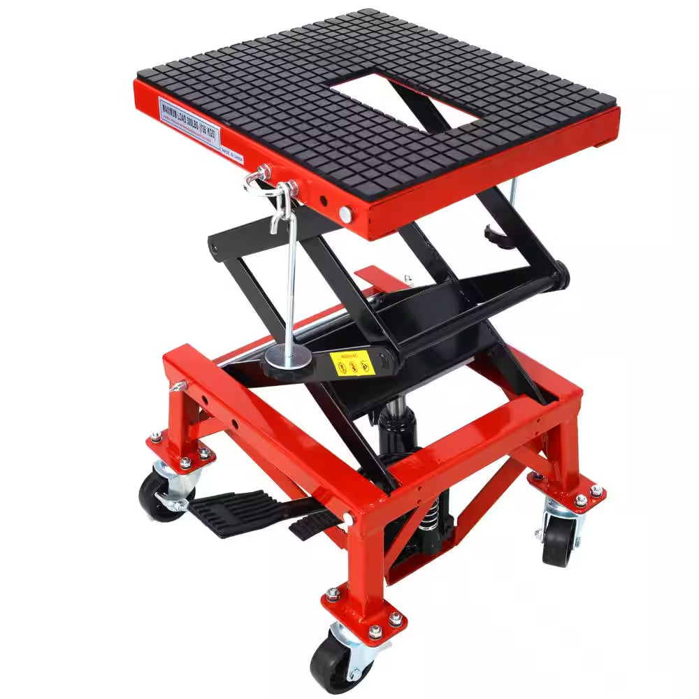 300 Lbs Hydraulic Motorcycle Scissor Jack Lift with Foot Step and Wheels, Red, Suitable for Small Dirt Bikes