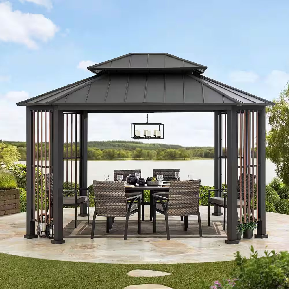 Rockwood 11 Ft. X 13 Ft. Outdoor Patio Double Tier Steel Hardtop Gazebo with Steel Slatted Colum Design for Backyard