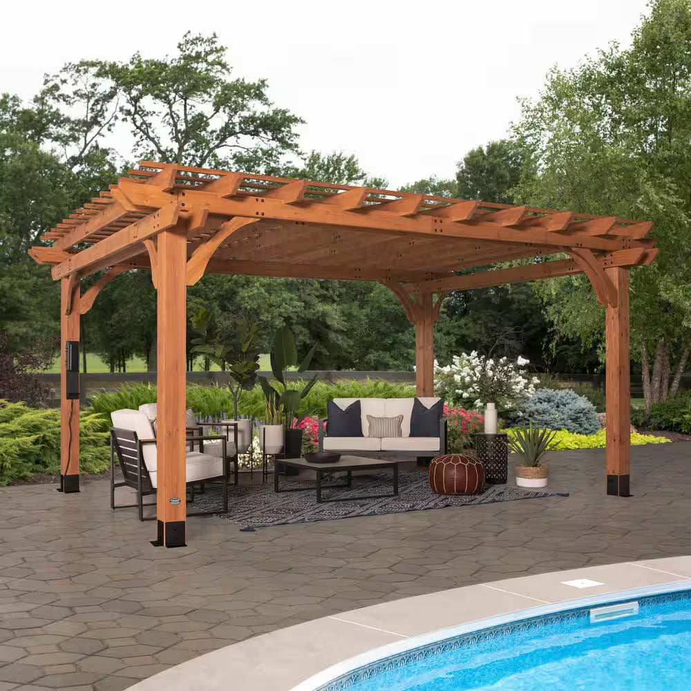 Beaumont 16 Ft. X 12 Ft. Light Brown Traditional Outdoor All Cedar Wood Patio Pergola Shade Structure with Electric