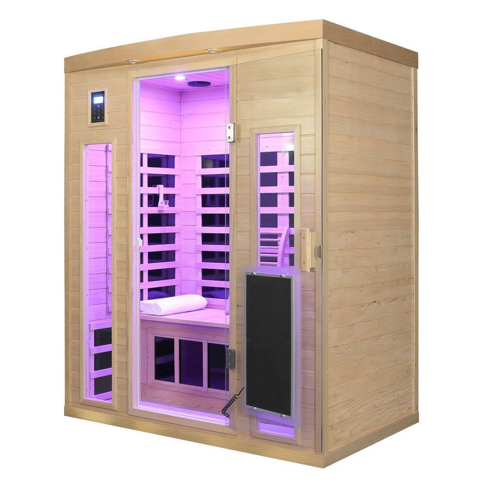 3-Person Natural Wood Far Infrared Hemlock Wood Sauna Room with LED Reading Light