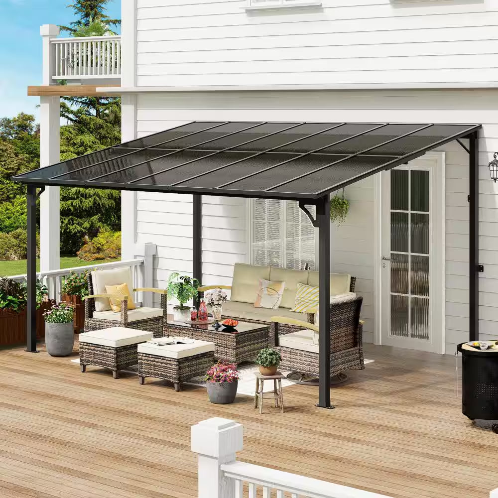 10' X 14' Wall Mounted Gazebo Heavy Duty Metal Pergola with Sloped Roof Lean to Awning for Patio Deck Backyard, Black