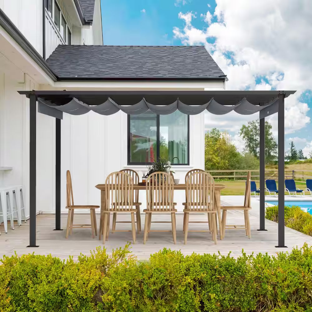 10 Ft. X 13 Ft. Aluminum Outdoor Pergola with Gray Retractable Shade Canopy