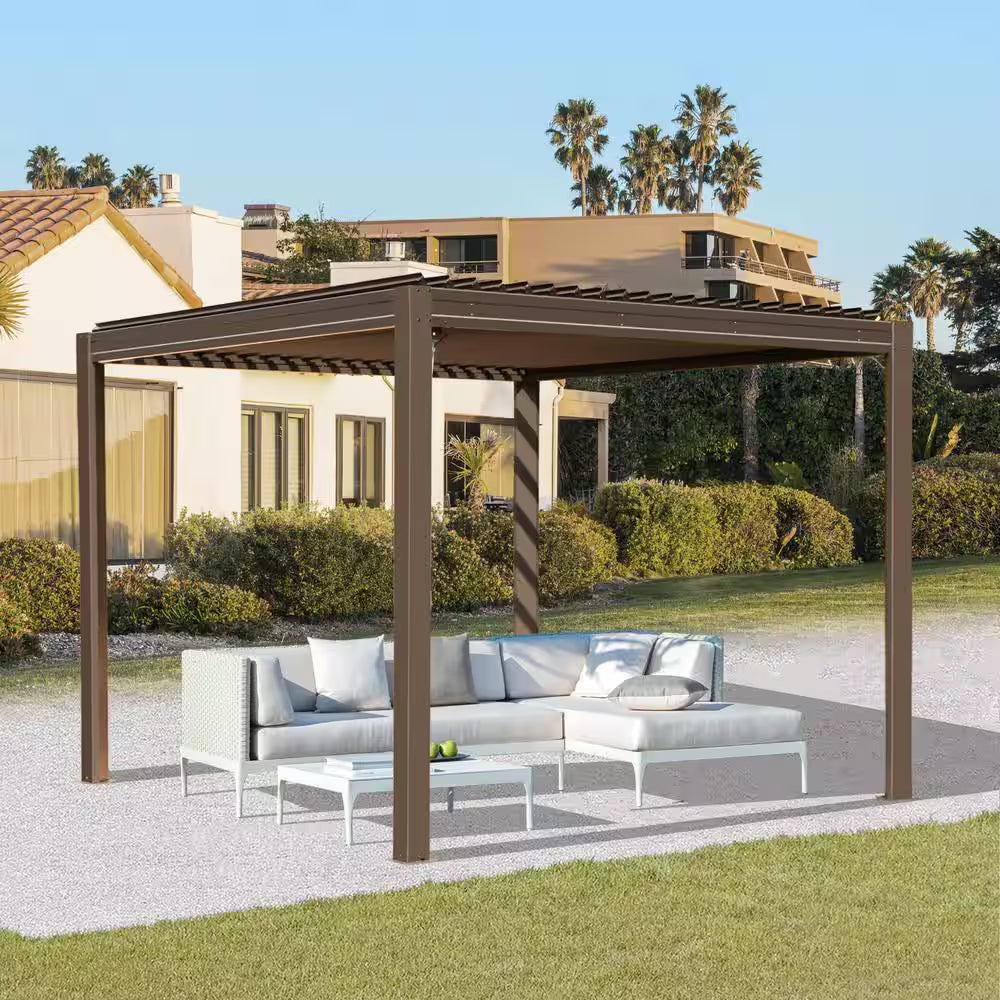 10 Ft. X 10 Ft. Brown Aluminum Metal Louvered Pergola
