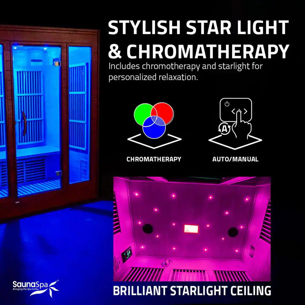 S12HD Series 3-Person Indoor Hemlock Wooden Infrared Sauna with Carbon FAR, LED Touch and Control Panel