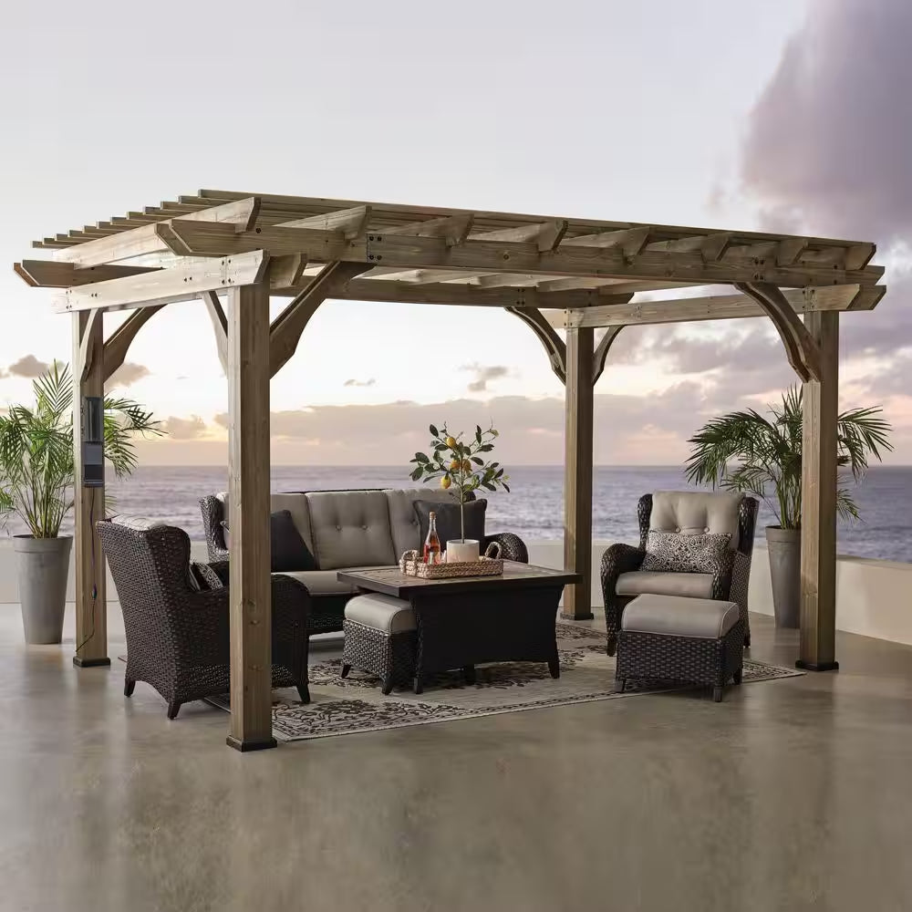 Somerville 14 Ft. X 10 Ft. Barnwood Stain All Cedar Wood Outdoor Pergola Shade Structure with Electric