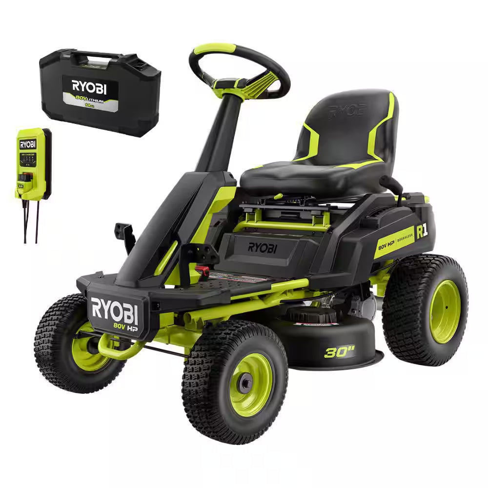 R1 80V HP Brushless Lithium Battery Cordless Electric 30 In. Riding Lawn Mower with 14 Ah Battery and Charger