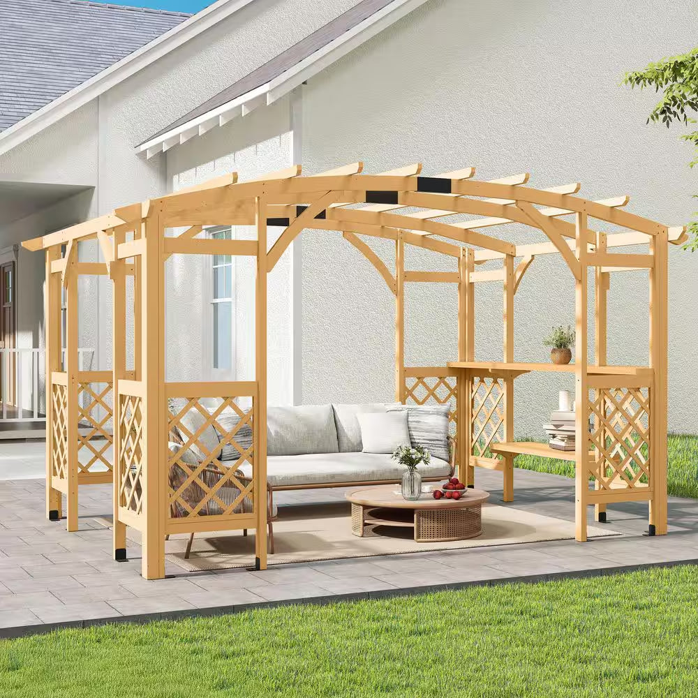 10 Ft. W X 14 Ft. Light Brown Wood Freestanding Pergola, Wooden Grape Trellis for Backyard, Garden and Patio