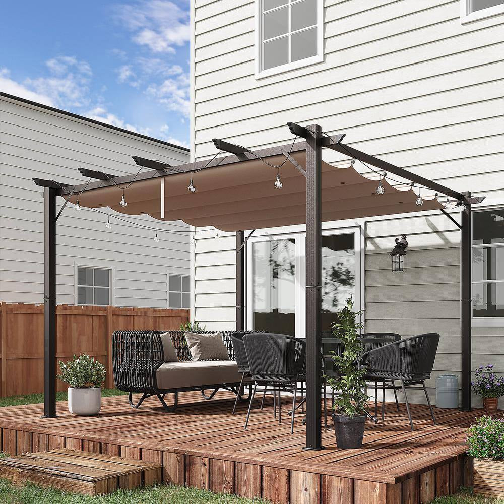 10 Ft. X 10 Ft. Aluminum Frame Brown Outdoor Retractable Pergola Canopy Grill Gazebo for Porch Party, Garden, Balcony