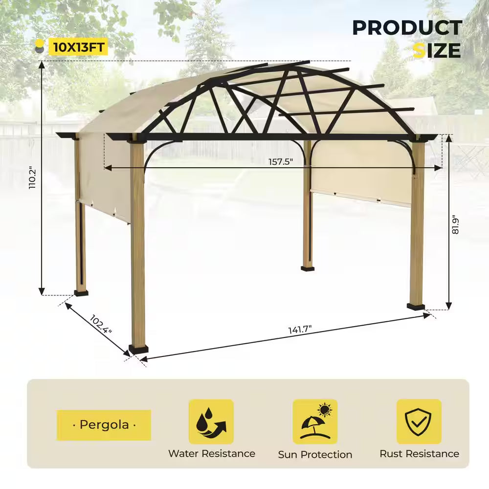 10 Ft. X 13 Ft. Aluminum Outdoor Pergola with Wood Grain Finish, Arched Canopy and Beige Retractable Shade