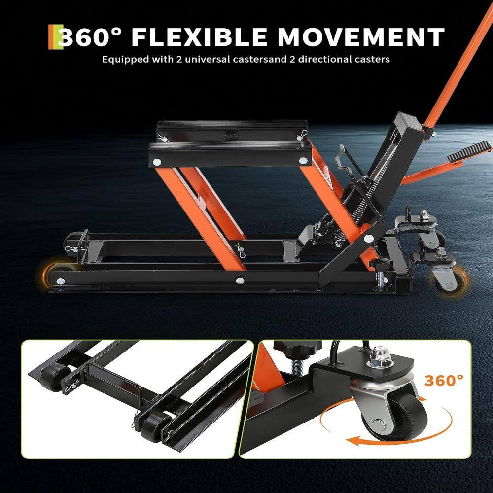1500 Lbs Hydraulic Motorcycle Scissor Lift Jack, Heavy Duty Adjustable Lift Table with Foot Pedal & Wheels， Black&Orange