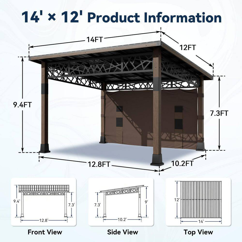14 Ft. X 12 Ft. Outdoor Wood Frame Patio Hardtop Gazebo with Black Galvanized Steel Roof and Privacy Curtain