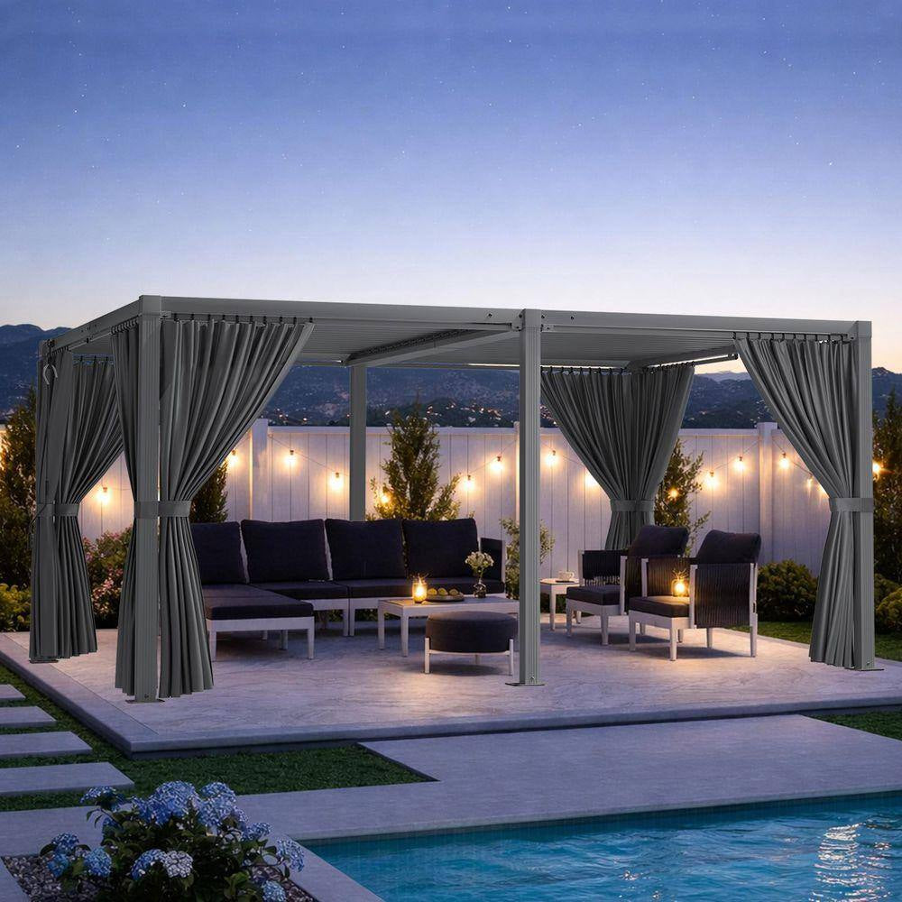 12 Ft. X 16 Ft. Gray Aluminum Louvered Pergola with Steel Roof and Curtains