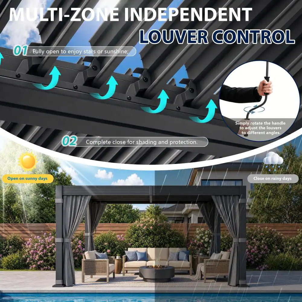 10 Ft. X 12 Ft. All-Weather Aluminum Pergola with Adjustable Louvered Roof