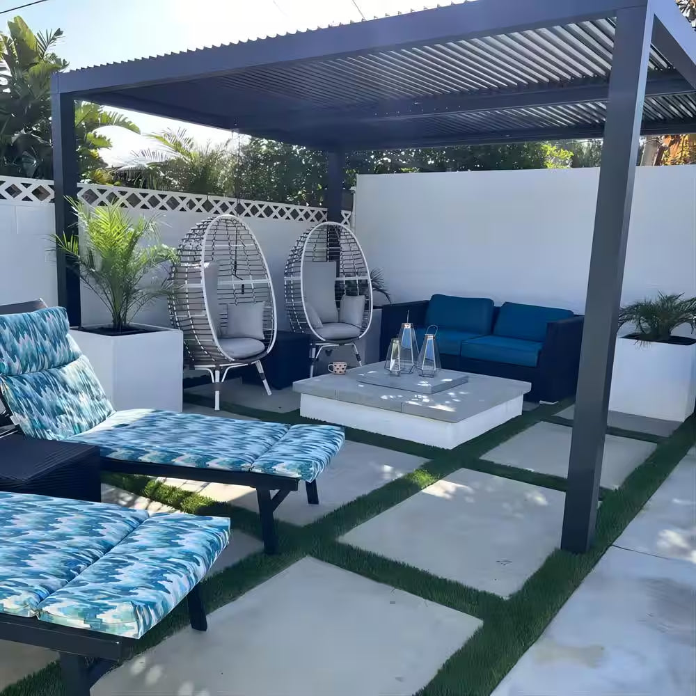 12 Ft. X 14 Ft. Gray Aluminum Frame Outdoor Hardtop Louvered Pergola with Adjustable Sunshade Roof and In-Built Gutter