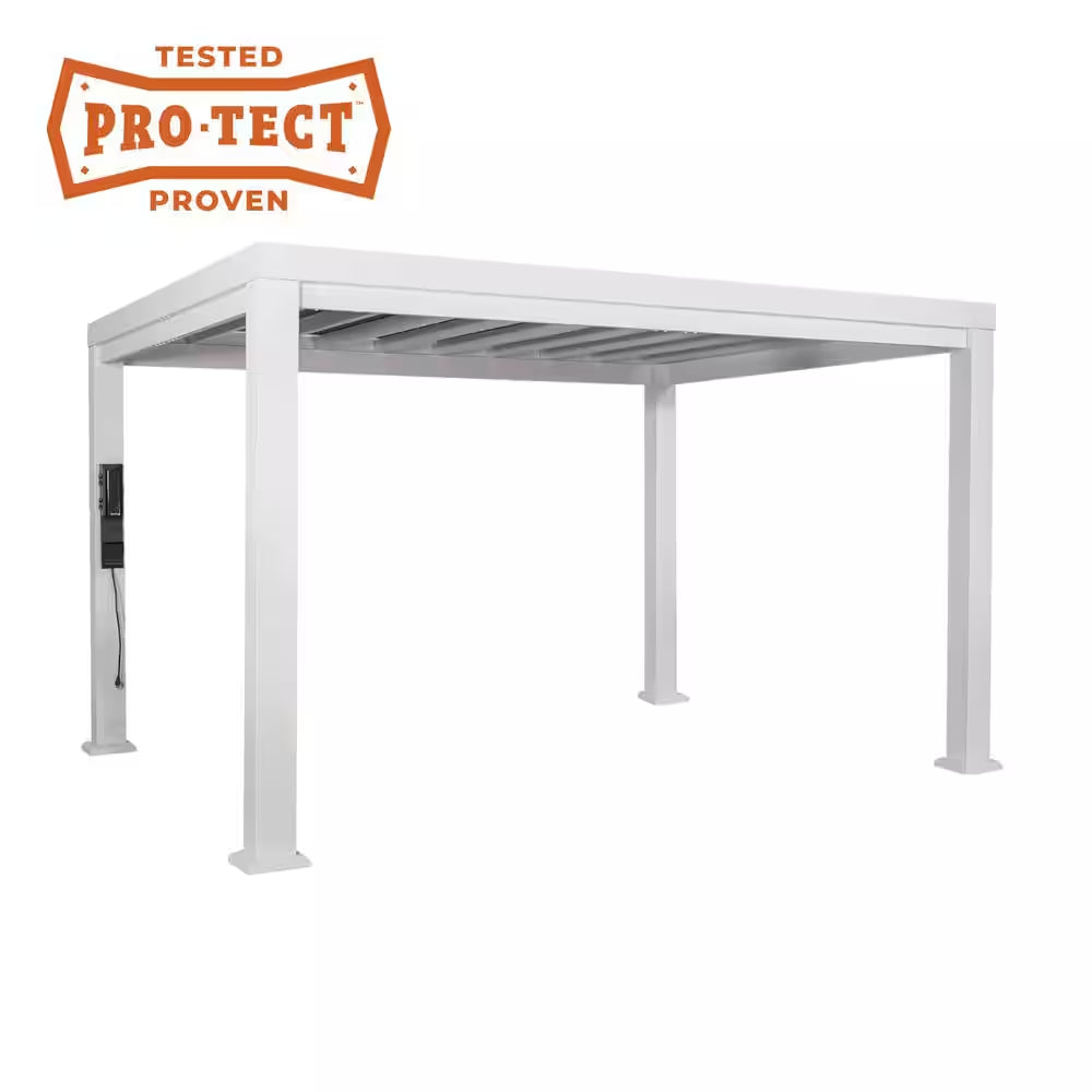 Windham 14 Ft. X 10 Ft. White Powder Coated Galvanized Steel Metal Modern Pergola W/ Sail Shade Soft Canopy and Electric
