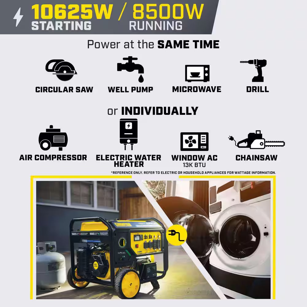 10,625/8500-Watt Electric Start Dual Fuel Portable Generator with Free 3-Year Warranty for Home Backup and Storm Prep