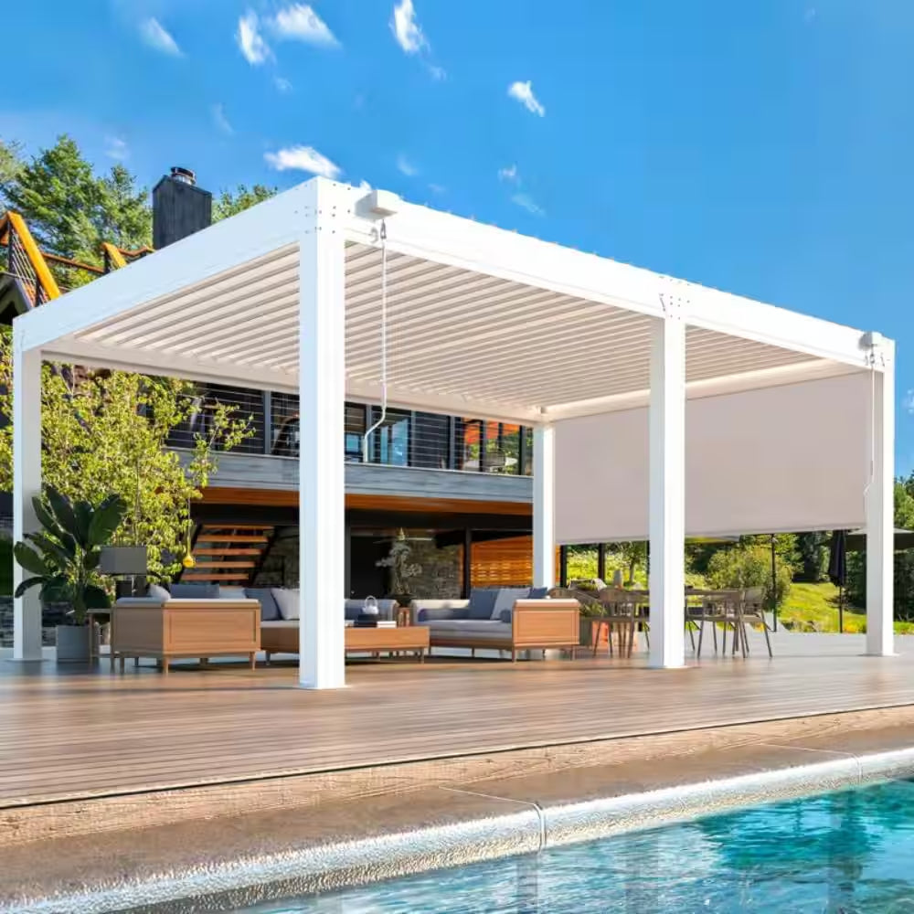 12 Ft. X 20 Ft. Louvered Pergola with Adjustable Rainproof Roof, Wood Grain Outdoor Aluminum Pergola for Patio, White