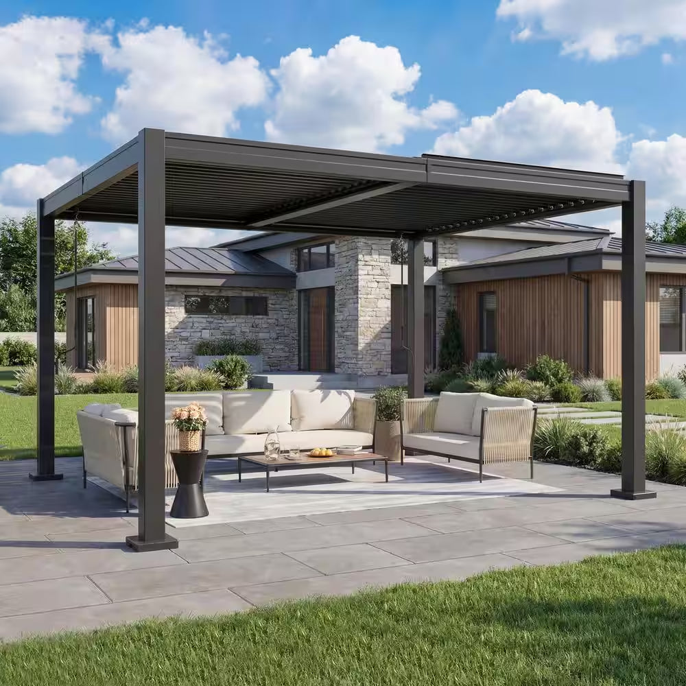 10 Ft. X 12 Ft. Black Steel Outdoor Louvered Pergola with Water-Tight Adjustable Roof