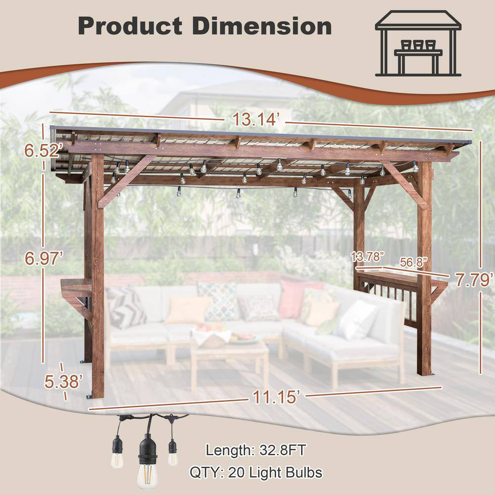 13 Ft. X 6.5 Ft. Brown Wooden Pergola Grill Gazebo with Metal Roof and Bulbs and Bar Counters